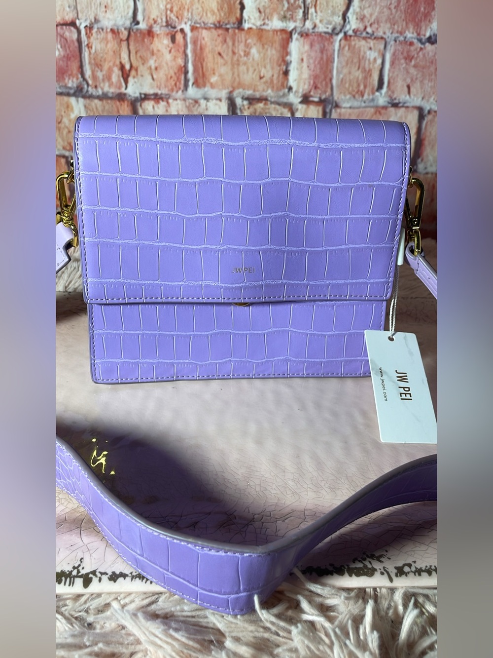 JW PEI Lilac Croc-Embossed Boxy Crossbody Bag with Detachable Strap